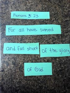 Romans 3:23 in puzzle form to help kids learn. 